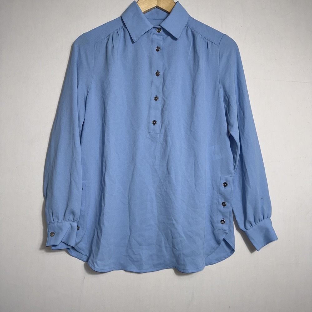 JONES NEW‎ YORK Women's Petite Button-side Collared Top Blouse Office Blue PXS
